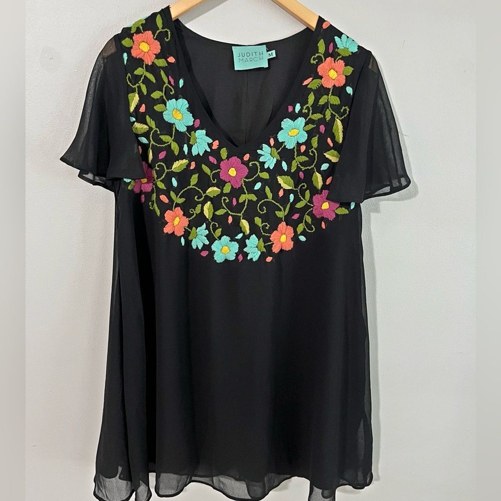 Judith March Black Embroidered Floral Boho Dress Sheer Flutter Sleeve M